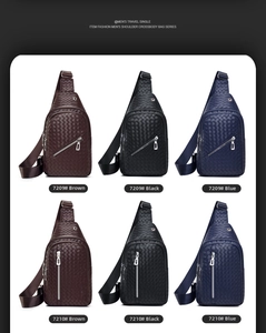 Detailed comparison of woven leather crossbody chest bags in black, blue and brown