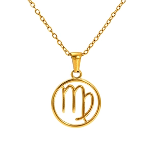 Golden titanium steel Virgo zodiac pendant necklace with hollow round disc and O-chain