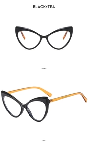 Front and side views of elegant black and tea cat-eye frames with 55-18-143 dimensions