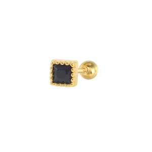 Detailed side view of a gold square earring with black zircon and screw back closure