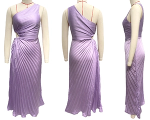 Detailed three-view shots of purple satin one-shoulder pleated dress with waist cutout