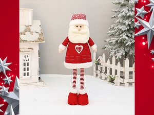 Close-up of Santa Claus plush doll featuring knitted fabric and striped telescopic legs
