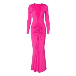 Detail shot of rose red V-neck dress featuring elegant pleated waist and slim fit design