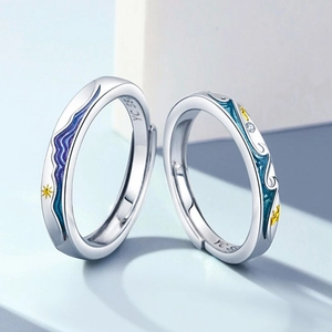 Romantic S925 silver adjustable couple rings with sea and mountain enamel pattern