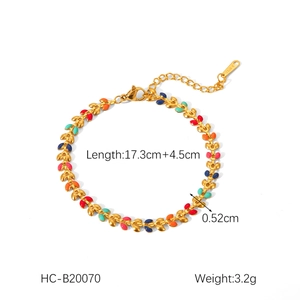 Detail view of multicolored enamel leaf bracelet with length and weight specifications