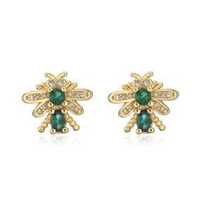 Gold plated bee stud earrings with emerald green stones and white zircon crystals