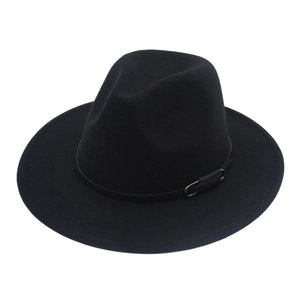 Close-up of black wool felt fedora hat featuring a slim leather band with a silver metal buckle