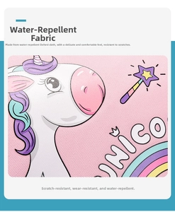 Detail of pink waterproof unicorn school bag fabric showing scratch-resistant texture