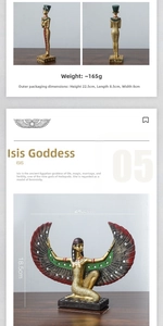 Detailed view of Egyptian Isis winged statue and pharaoh figures with measurements