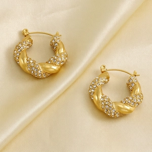 Twisted Hoop Earrings 18K Gold Plated Stainless Steel Rhinestone Inlaid Fashion Elegant Jewelry For Women