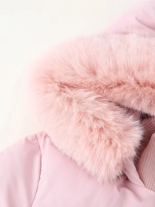 Detailed view of pink winter parka featuring premium faux fur collar and smooth fabric
