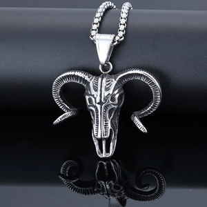 Gothic viking ram skull pendant necklace in vintage silver stainless steel for men