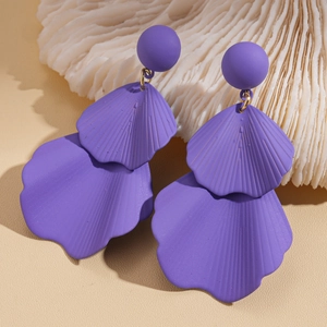 Detailed view of matte purple double-layer petal earrings with elegant golden links