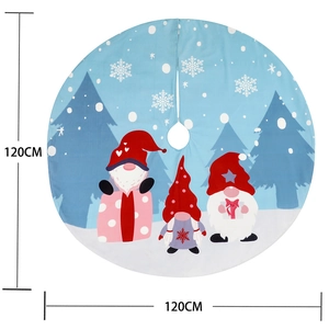 Blue 120cm Christmas tree skirt featuring Nordic gnomes, snowflakes and pine trees