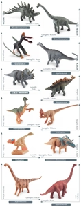 Detailed size chart for 12 realistic miniature dinosaur figurines including T-Rex and Triceratops