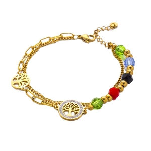Double-layered gold-plated stainless steel bracelet featuring Tree of Life and colorful beads