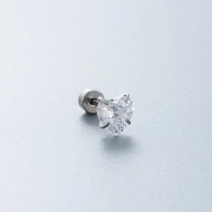 Polished silver heart stud earrings with cubic zirconia and screw back closure