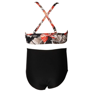 Back view of two-piece swimsuit with floral criss-cross top and high waisted black bottoms