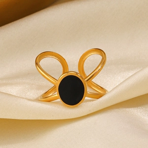 18K gold plated stainless steel oval black enamel ring with chic crossover line design