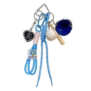 Sporty baseball keychain set with mini bat glove braided rope and heart photo frame charm