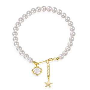 S925 sterling silver freshwater pearl bracelet with starfish and seashell charms