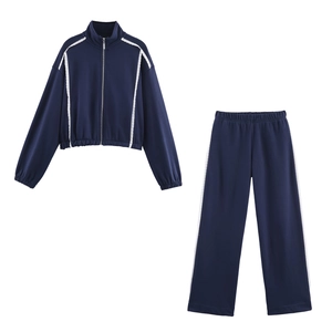 Sweatshirt Femme À Fermeture Éclair Col Montant Et Pantalon Large Bleu Marine Bordure Dentelle Tenue Tricotée