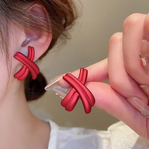 Elegant red matte X-shaped geometric stud earrings for women with a stylish design
