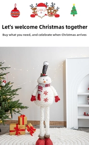 Standing plush snowman figure with tall hat and red scarf in festive Christmas setting
