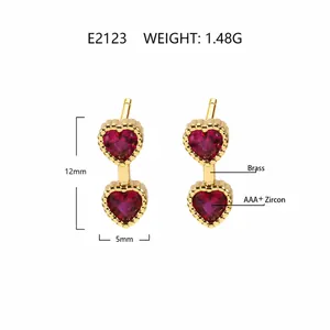 Detailed size and weight specs for double red heart zircon stud earrings in brass