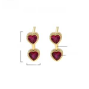 Detailed size and weight specs for double red heart zircon stud earrings in brass