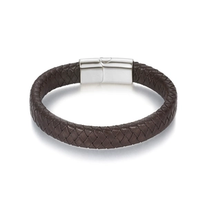 Men's dark brown braided leather bracelet with silver stainless steel magnetic clasp