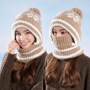 Women Winter Balaclava Integrated Hooded Scarf Hat Fleece Lined Knit Ear Protection Snowflake Pattern Pom Pom
