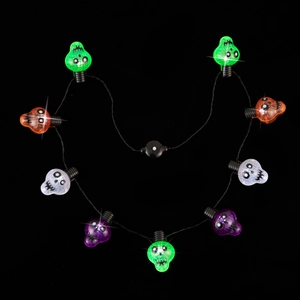 Detailed view of U-shaped Halloween skull LED necklace with multi-color glowing lights
