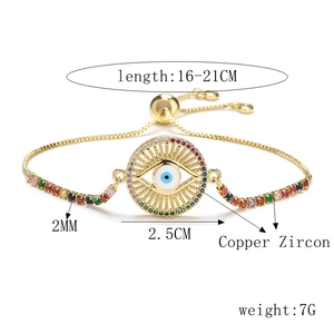 Detailed size specifications of the copper zircon evil eye bracelet with adjustment cord
