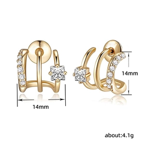 Drierijige gouden gebogen oorknopjes met zirkonia steentjes, maat 14 mm, 4,1 g gewicht