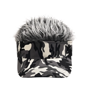 Detail of creative camouflage baseball cap featuring textured grey synthetic hair wig