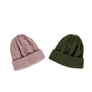 Diamond twist knit beanie hat in lavender and deep green for outdoor sun protection