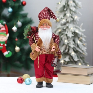 18-inch Santa Claus figurine with plaid hat and vintage lantern for Christmas decor