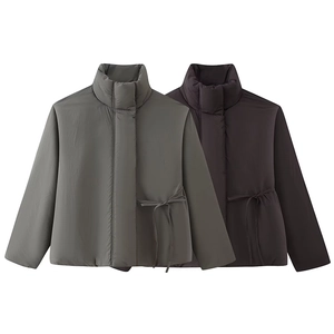 Women Short Cotton Padded Jacket Stand Collar Long Sleeve Drawstring Waist Solid Color Warm Outerwear