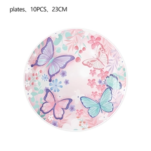 Top view of pink floral and butterfly print 9-inch disposable party paper plates