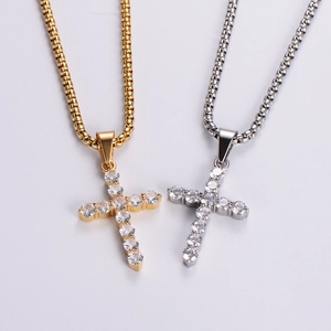 Minimalist stainless steel square zircon cross pendant necklace in gold and silver finish