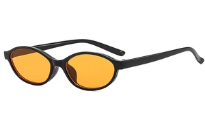 Detailed 45-degree angle of retro oval sunglasses with black frames and orange lenses