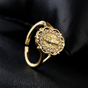 Gold plated Virgin Mary open ring with religious relief and sparkling zircon halo