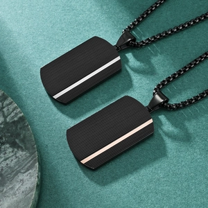 Minimalist black military tag pendant necklace with silver and rose gold ripple textures