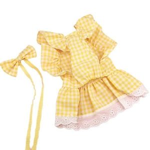 Yellow plaid pet dress with lace trim and matching bow for dogs and cats