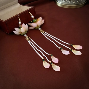 Pink glass lotus earrings with pearl tassels and gold hooks in a classic Chinese style