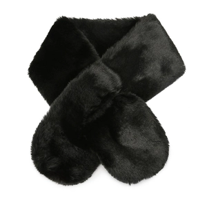 Elegant black faux fur scarf for women with fluffy texture and stylish cross-over design
