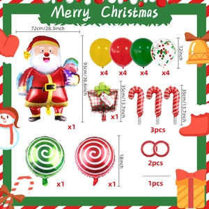 Detailed view of large Santa Claus balloon and colorful candy foil balloons with dimensions