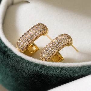 Copper Gold Plated Geometric C Shape Stud Earrings For Women Micro Pave Zircon Elegant Small Luxury Jewelry