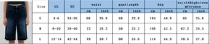 Size chart showing waist, hip, and length measurements for vintage denim shorts